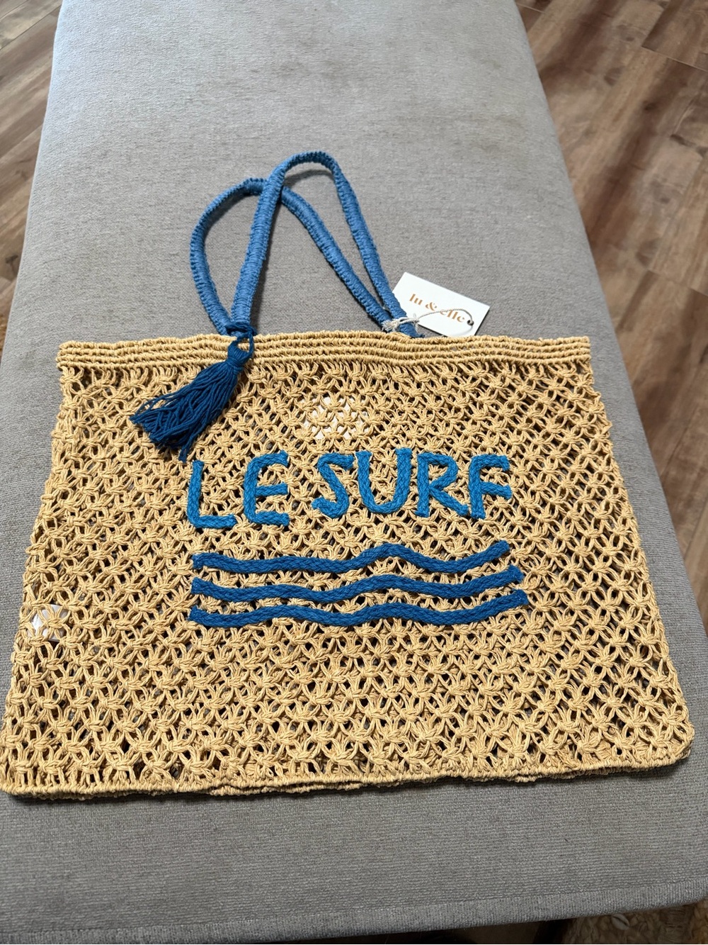 Lu & Elle ‘Le Surf’ Raffia Tote Bag with Blue Handles and Embroidery